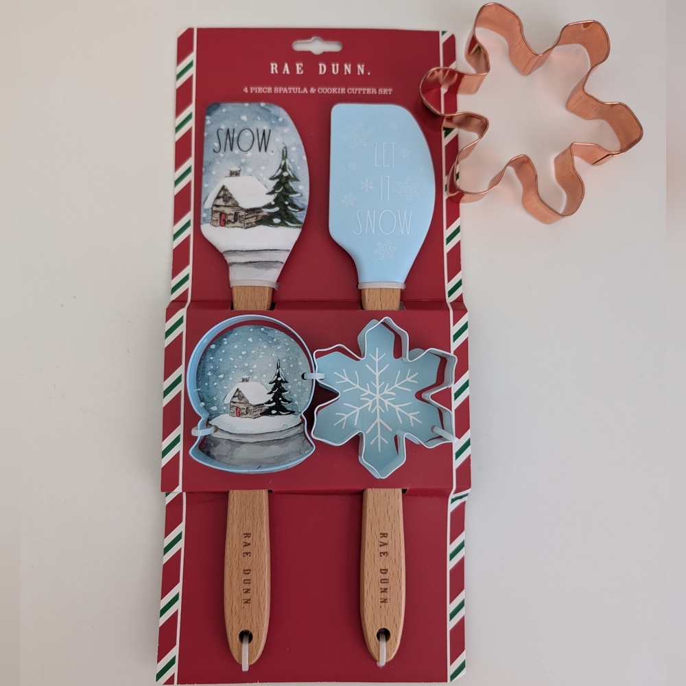 BUNDLE Rae Dunn Let It Snow Holiday Spatula Set & Large 5" Copper Cookie Cutter